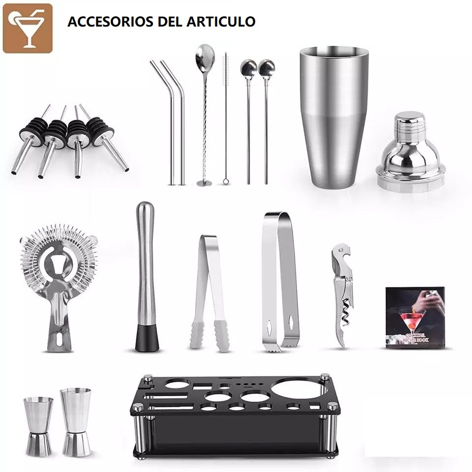 Juego De Coctelera Shaker Bartender Mixologia Kit 24 Piezas Base De Acrílico, Hecho Con Acero Inoxidable A Prueba De Fugas, Ligero y Resistente