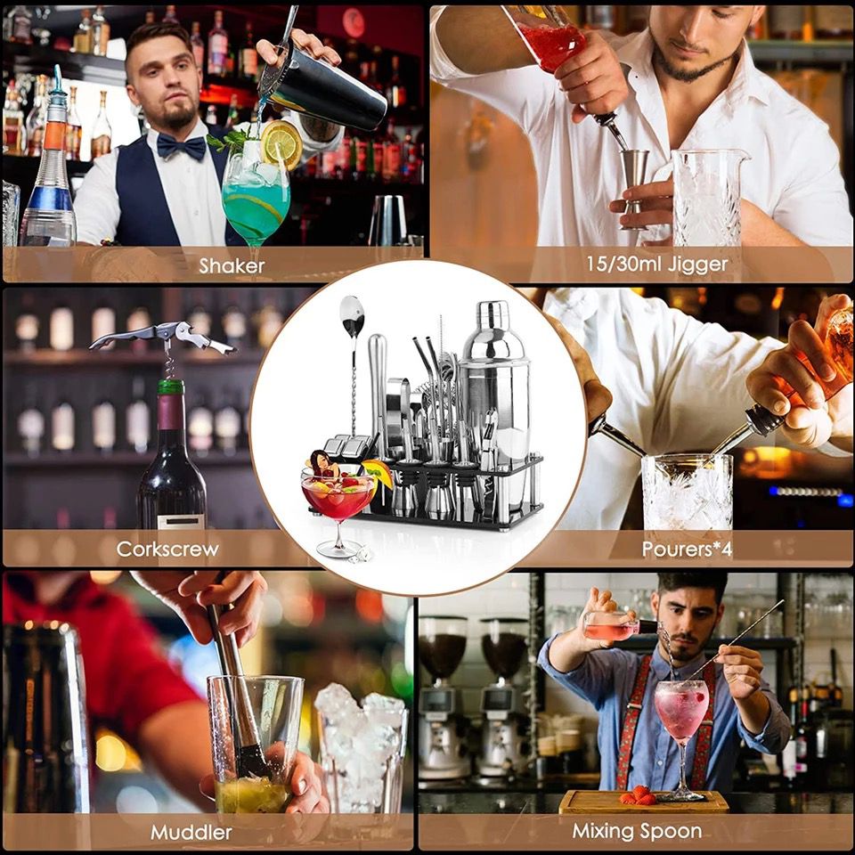 Juego De Coctelera Shaker Bartender Mixologia Kit 24 Piezas Base De Acrílico, Hecho Con Acero Inoxidable A Prueba De Fugas, Ligero y Resistente