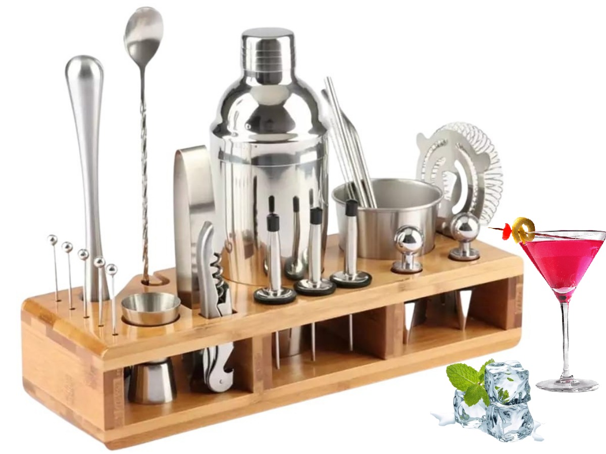 Juego De Coctelera Shaker Bartender Mixologia Set 24 Piezas Base De Bambú, Hecho Con Acero Inoxidable A Prueba De Fugas, Ligero y Resistente