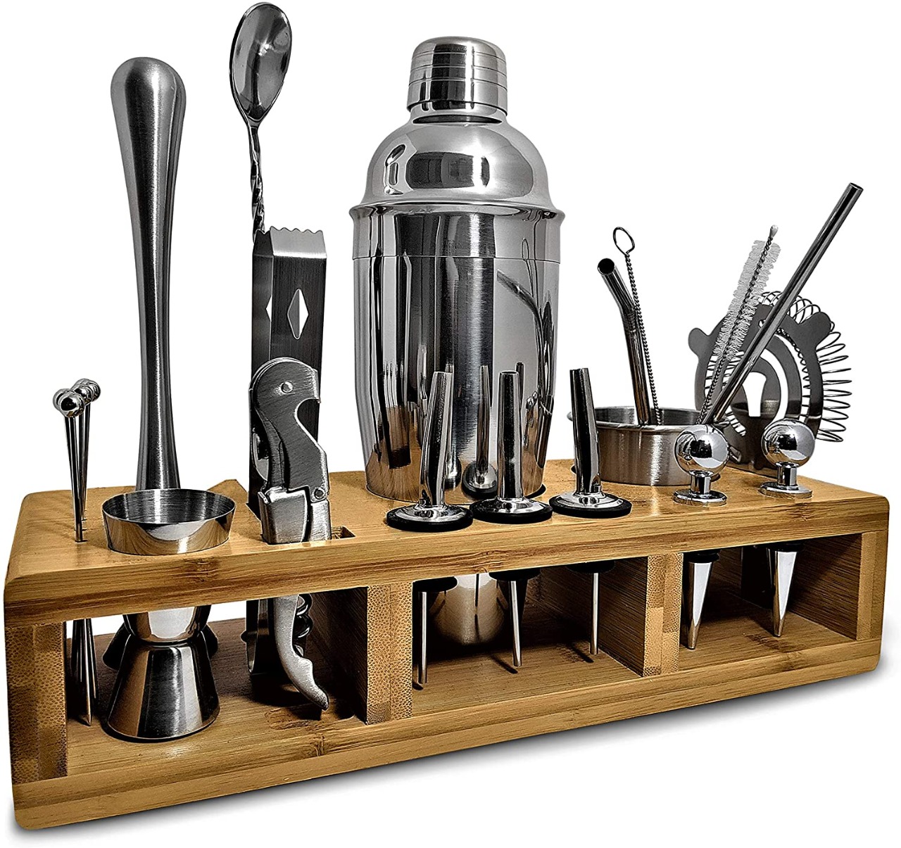 Juego De Coctelera Shaker Bartender Mixologia Set 24 Piezas Base De Bambú, Hecho Con Acero Inoxidable A Prueba De Fugas, Ligero y Resistente