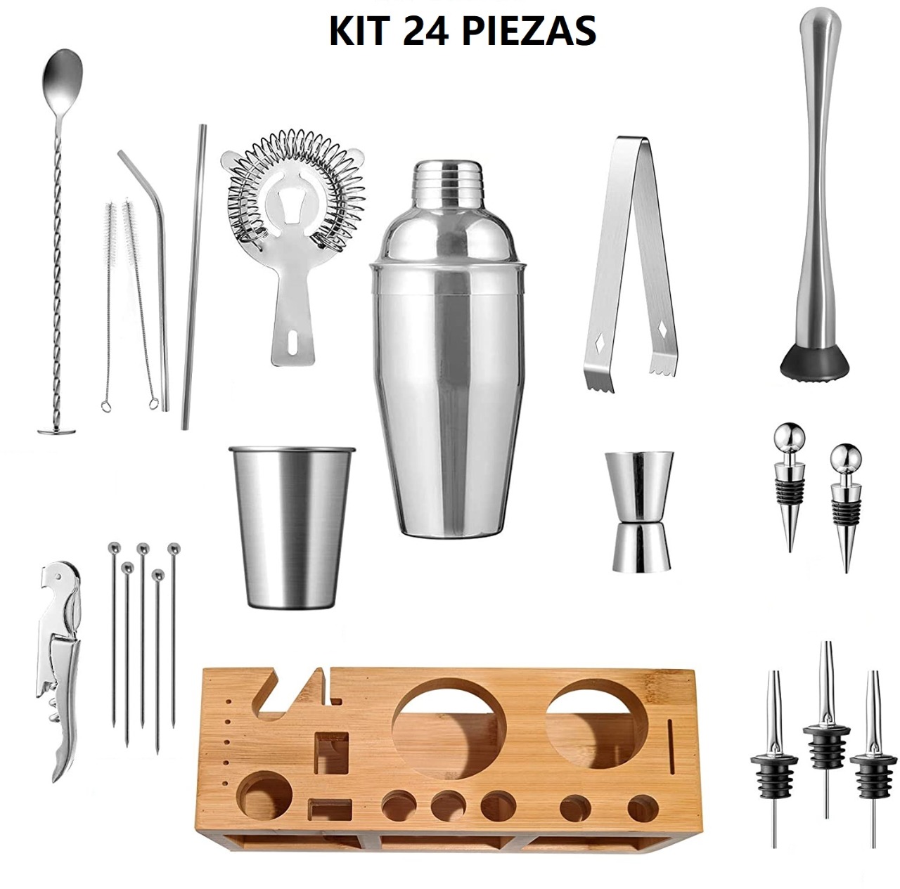 Juego De Coctelera Shaker Bartender Mixologia Set 24 Piezas Base De Bambú, Hecho Con Acero Inoxidable A Prueba De Fugas, Ligero y Resistente