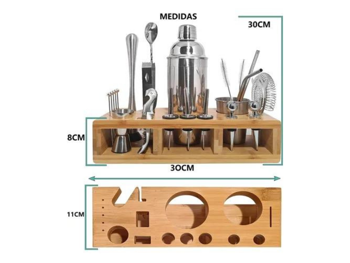 Juego De Coctelera Shaker Bartender Mixologia Set 24 Piezas Base De Bambú, Hecho Con Acero Inoxidable A Prueba De Fugas, Ligero y Resistente