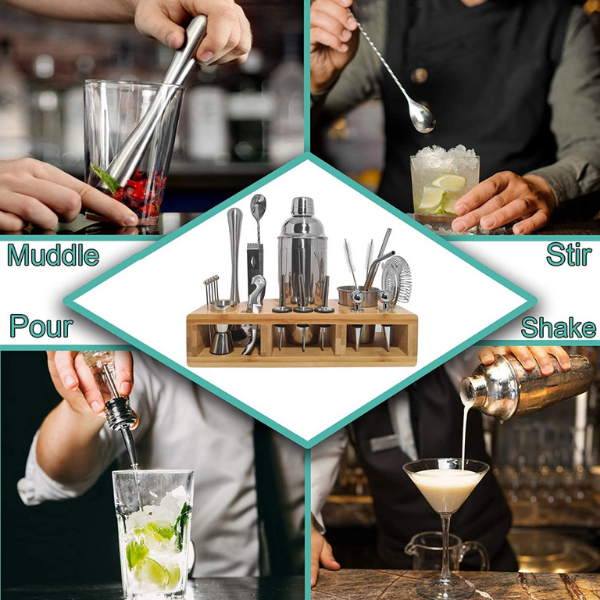 Juego de coctelera, coctelera profesional con peso, colador y juego de  barra portátil para mezclador de bebidas, barman, tarjetas de recetas  exclusivas (plata)