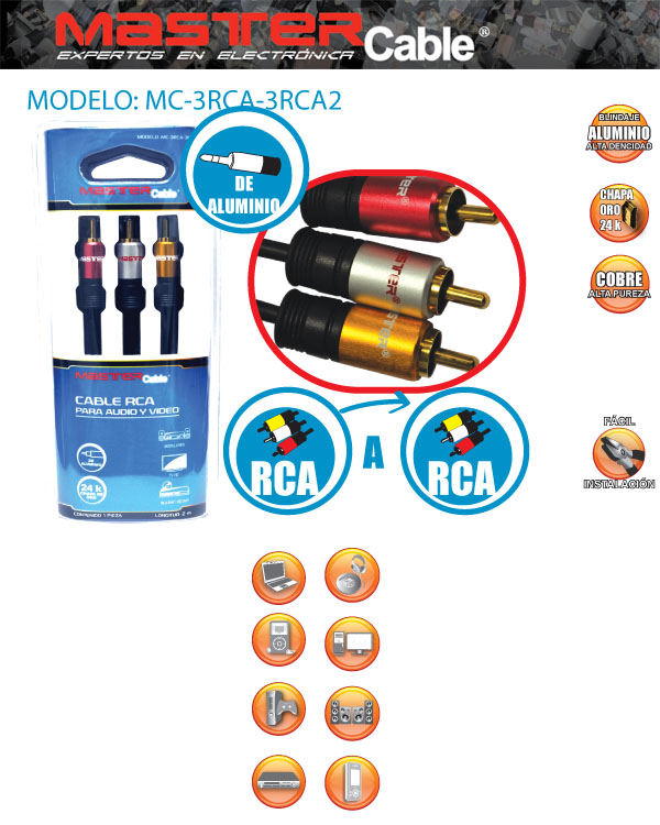 Cable RCA para Conexion de Audio y Video con Longitud de 2 metros  en Resistente Aluminio Conecta de RCA a RCA / Master / MC-3RCA-3RCA2