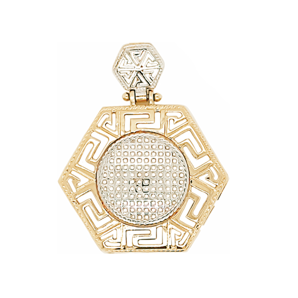 Dije de Hexágono con Grecas Romanas en Oro Amarillo de 14 K + Obsequio