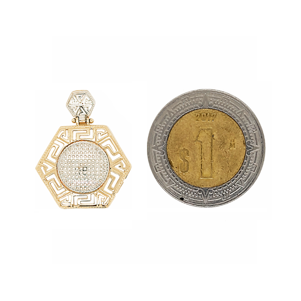 Dije de Hexágono con Grecas Romanas en Oro Amarillo de 14 K + Obsequio
