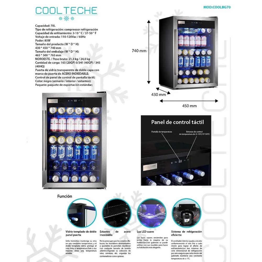 Frigobar Refrigerador Acero Inoxidable 85 Latas 2.4pies 70l Bar