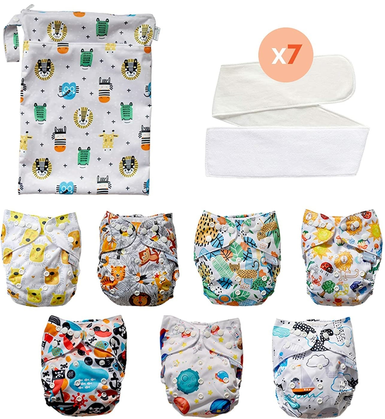 Pañales Ecológicos De Tela Matilda & Co. 7 Pañales, 7 Insertos y 1 bolsa, Niño 