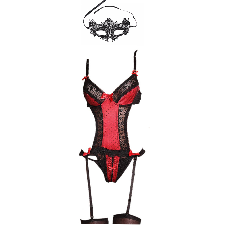 Babydoll Candy Corselette Encaje Negro Satin Rojo Clotcherless Liguero Y Medias Acc Mod 834