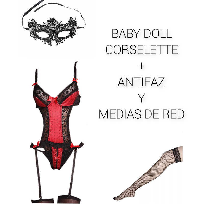 Babydoll Candy Corselette Encaje Negro Satin Rojo Clotcherless Liguero Y Medias Acc Mod 834