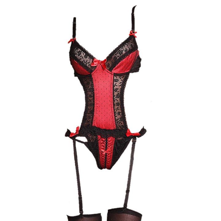 Babydoll Candy Corselette Encaje Negro Satin Rojo Clotcherless Liguero Y Medias Acc Mod 834