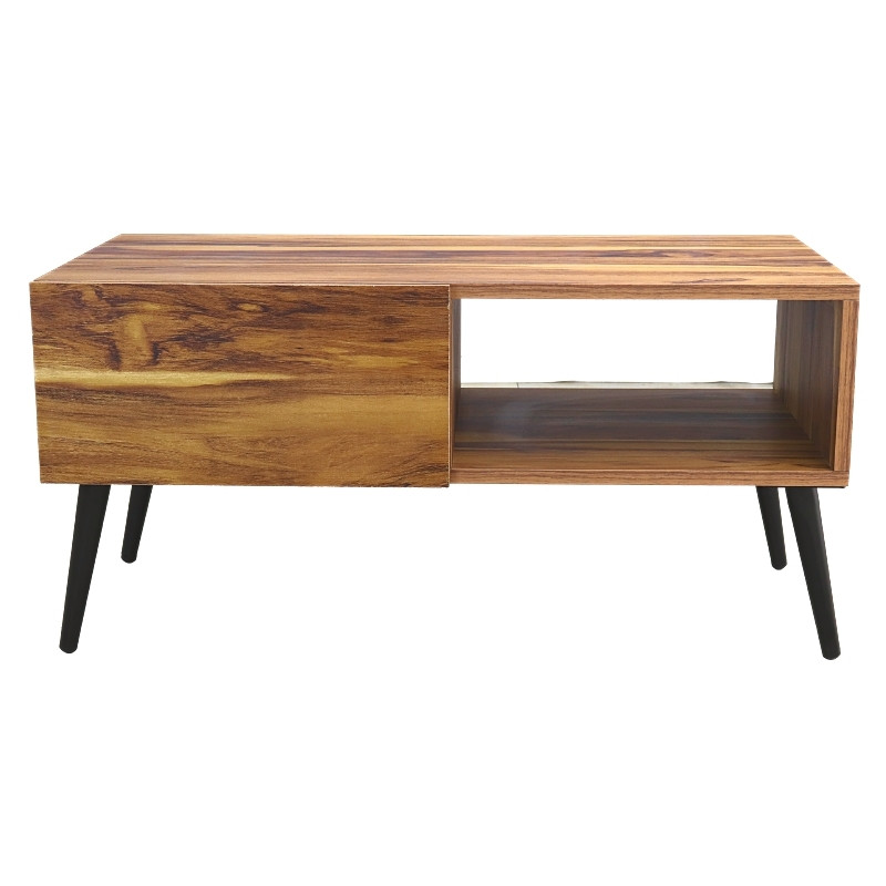 Mesa de Centro NORVAL Muebles Cancún chapada de melamina tipo Parota con 1 Cajón Moderna pata metálica