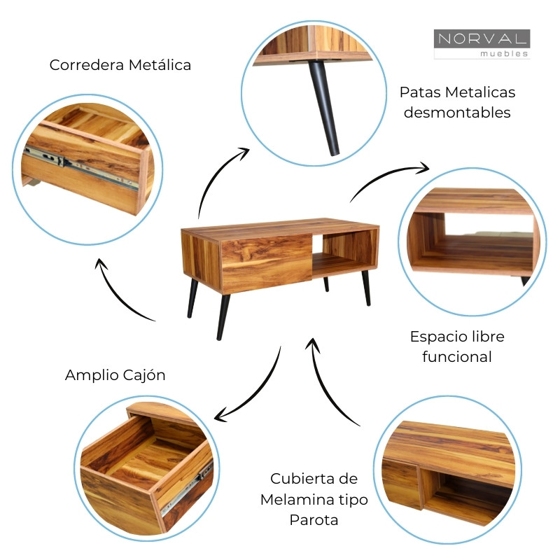 Mesa de Centro NORVAL Muebles Cancún chapada de melamina tipo Parota con 1 Cajón Moderna pata metálica