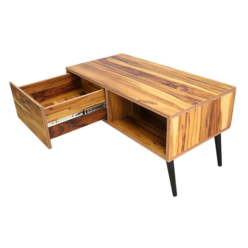 Mesa de Centro NORVAL Muebles Cancún chapada de melamina tipo Parota con 1 Cajón Moderna pata metálica