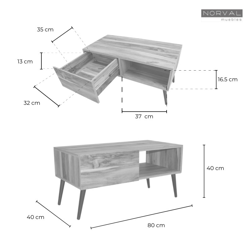Mesa de Centro NORVAL Muebles Cancún chapada de melamina tipo Parota con 1 Cajón Moderna pata metálica