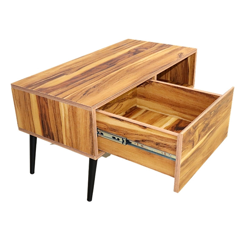 Mesa de Centro NORVAL Muebles Cancún chapada de melamina tipo Parota con 1 Cajón Moderna pata metálica