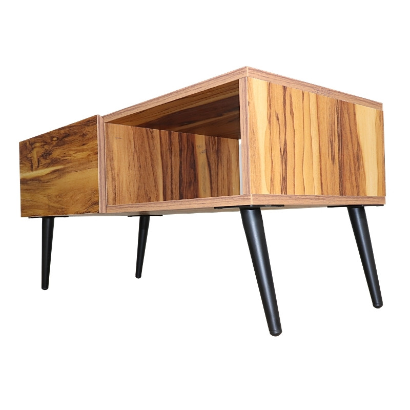Mesa de Centro NORVAL Muebles Cancún chapada de melamina tipo Parota con 1 Cajón Moderna pata metálica