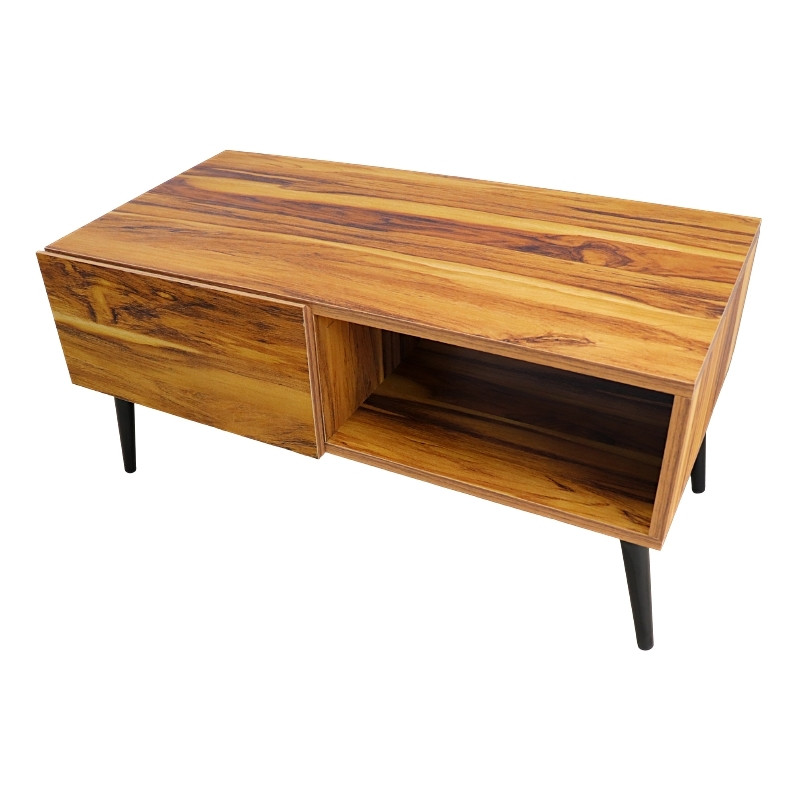 Mesa de Centro NORVAL Muebles Cancún chapada de melamina tipo Parota con 1 Cajón Moderna pata metálica