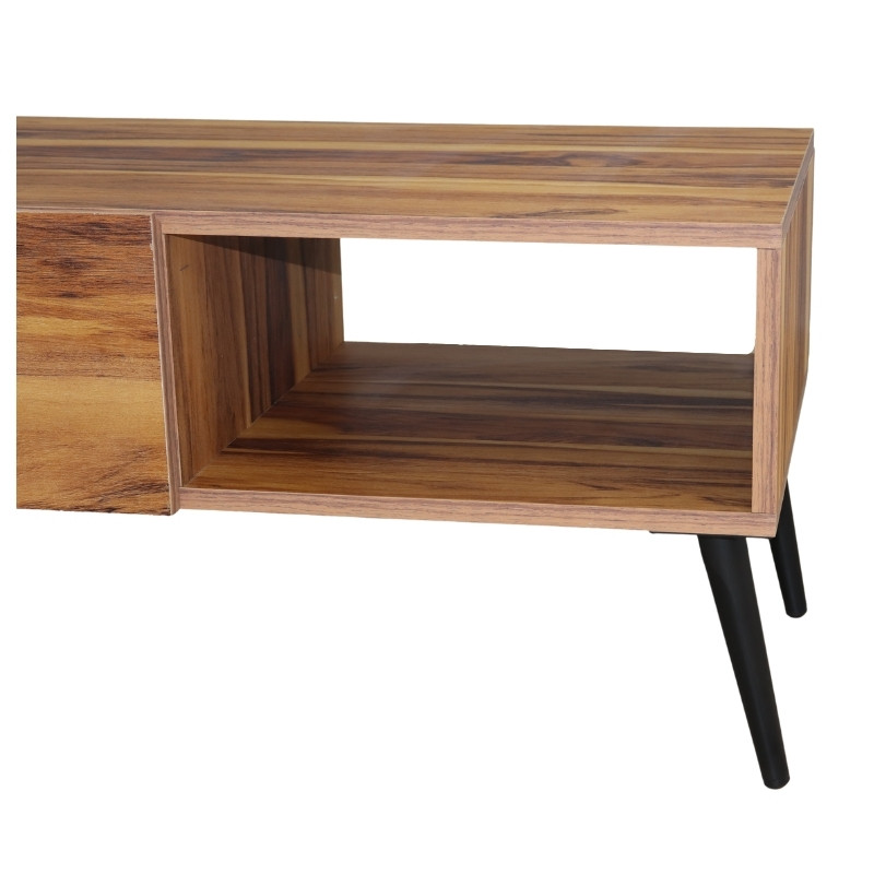Mesa de Centro NORVAL Muebles Cancún chapada de melamina tipo Parota con 1 Cajón Moderna pata metálica