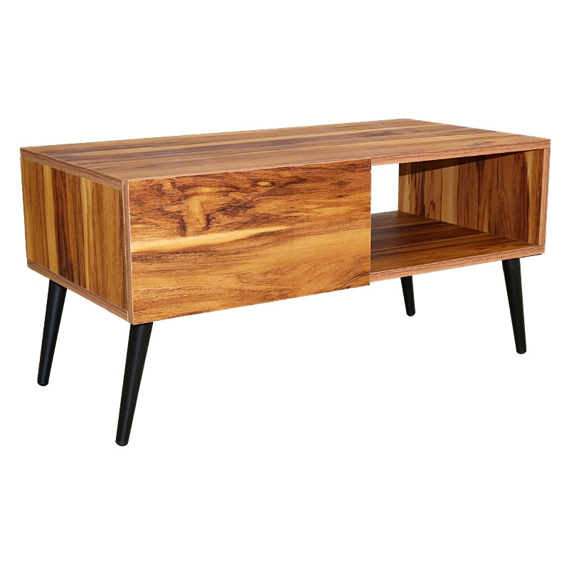 Mesa de Centro NORVAL Muebles Cancún chapada de melamina tipo Parota con 1 Cajón Moderna pata metálica