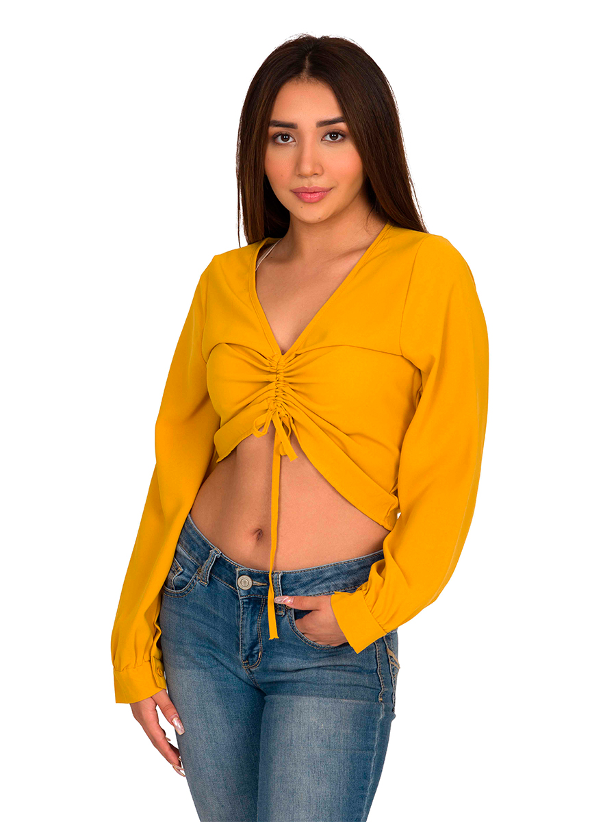  Blusa Crop Top Moda Mujer Manga Larga Cordón Cuello V-j4886