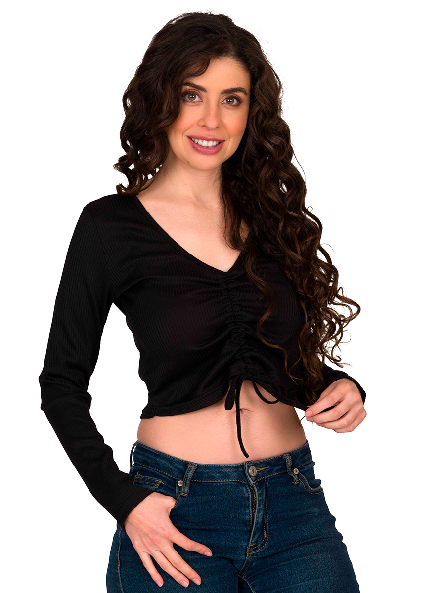  Blusa Crop Top Moda Mujer Manga Larga Cordón Cuello V-j4886