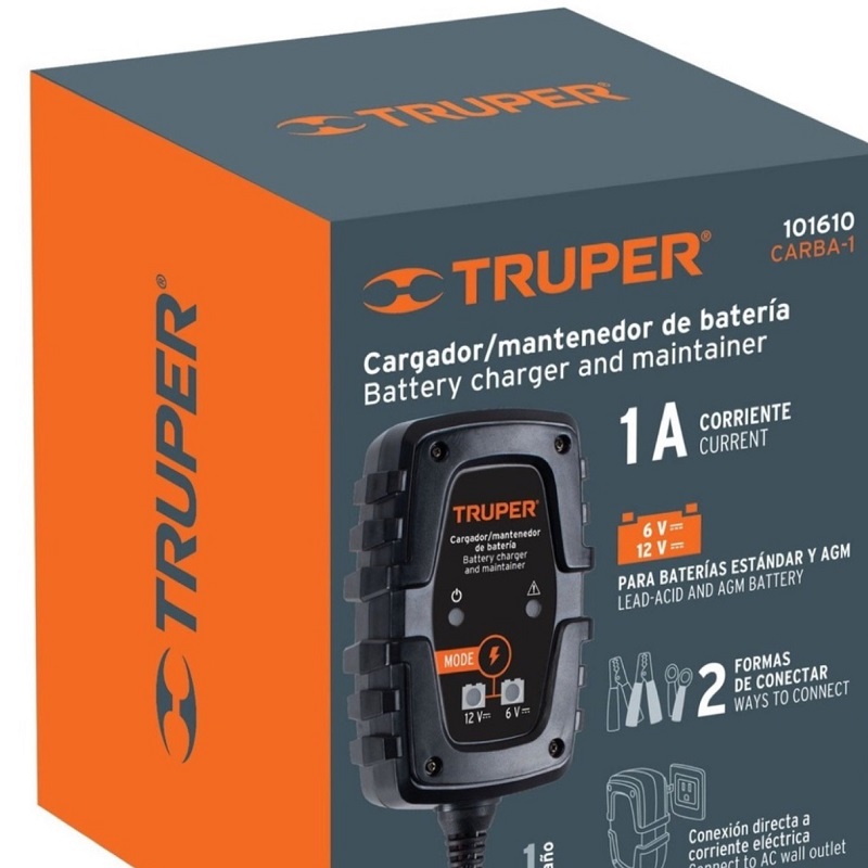 Cargador de 1 A para baterías de 6 y 12V Truper CARBA-1 Ideal para baterías de automóviles y motocicletas