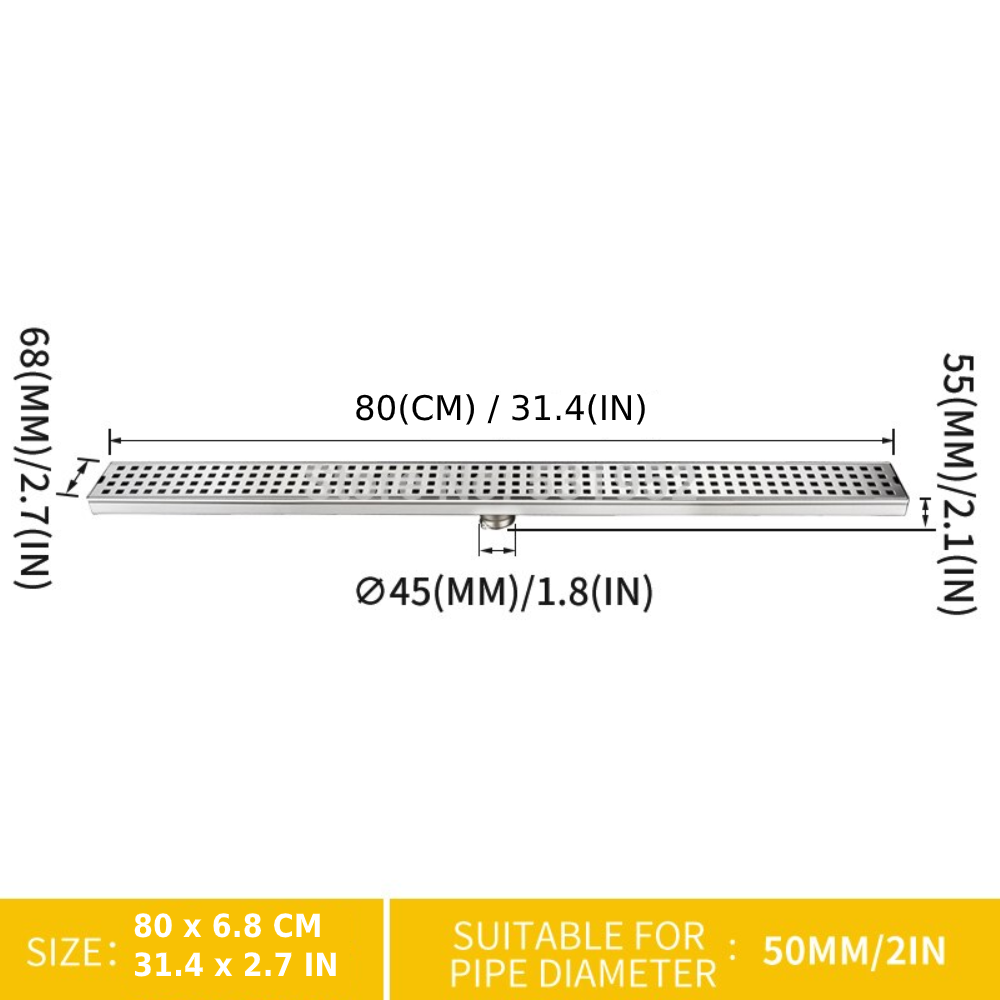 CasaMia Coladera Lineal Moderna De Reja 80 Cm Acero Inoxidable Satinado