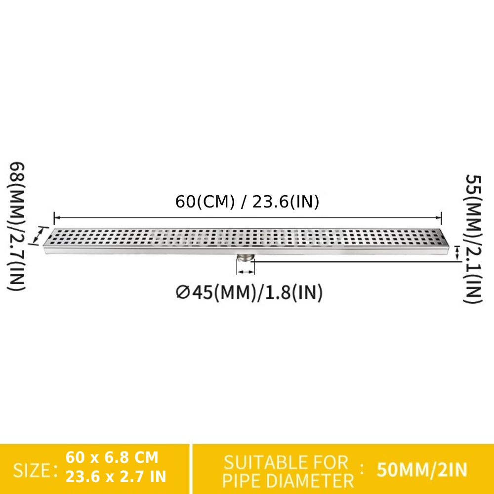 CasaMia Coladera Lineal Moderna De Reja 60 Cm Acero Inoxidable Satinado