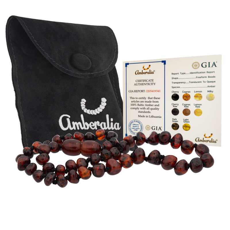 Amberalia, Collar de Ámbar Báltico para Adultos, Nudos entre cada cuenta - 100% Garantizado - Ámbar Importado de Lituania - Certificado por GIA, Ámbar Báltico Genuino   Cereza Pulido 40 cm