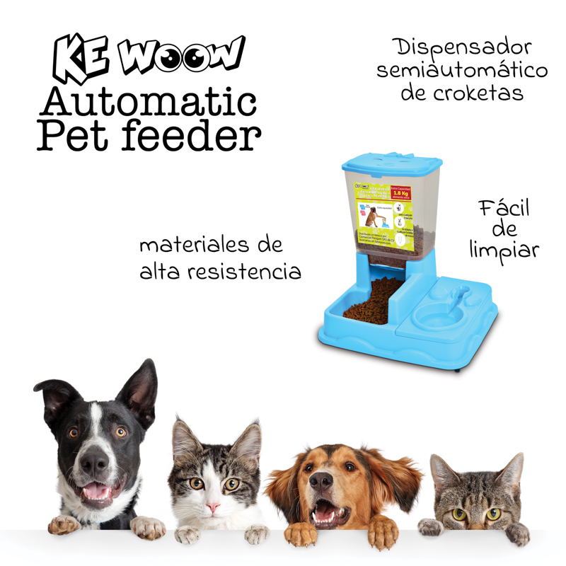 KE WOOW Comedero y bebedero semiautomático para mascotas. Dispensador de comida y agua para perros, gatos, conejos y otras mascotas. Color Azul