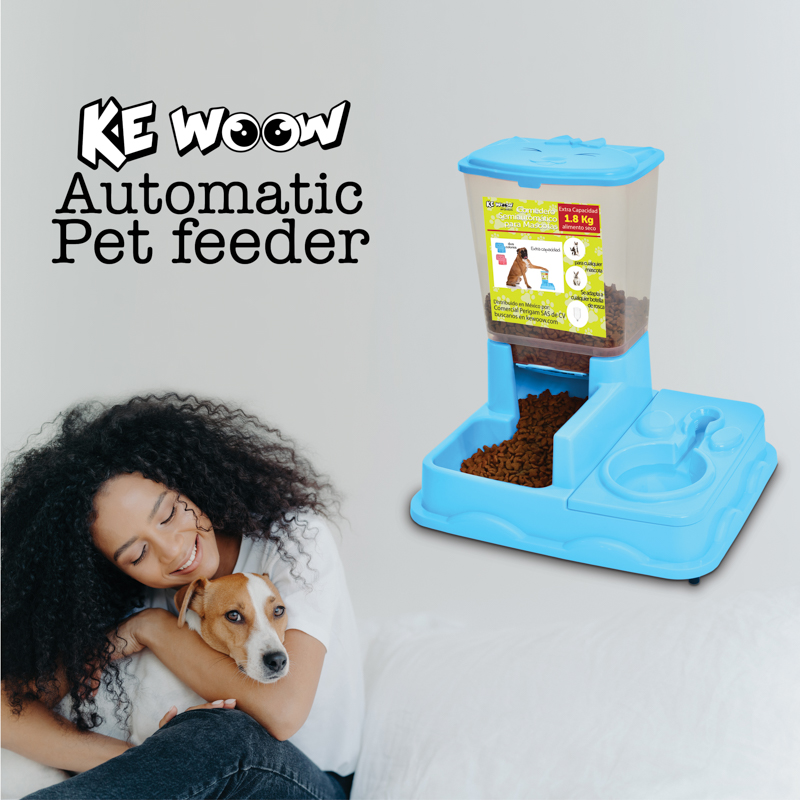 KE WOOW Comedero y bebedero semiautomático para mascotas. Dispensador de comida y agua para perros, gatos, conejos y otras mascotas. Color Azul