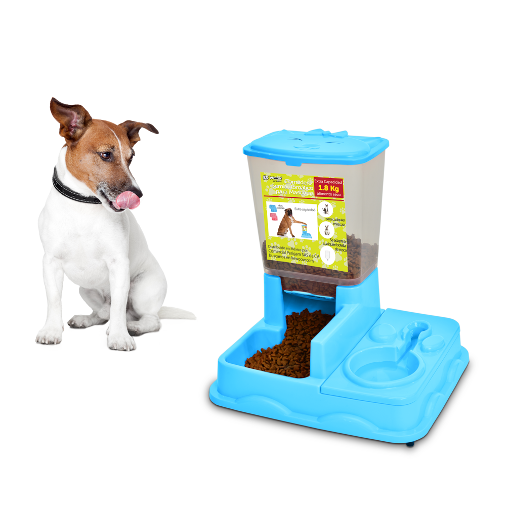 KE WOOW Comedero y bebedero semiautomático para mascotas. Dispensador de comida y agua para perros, gatos, conejos y otras mascotas. Color Azul