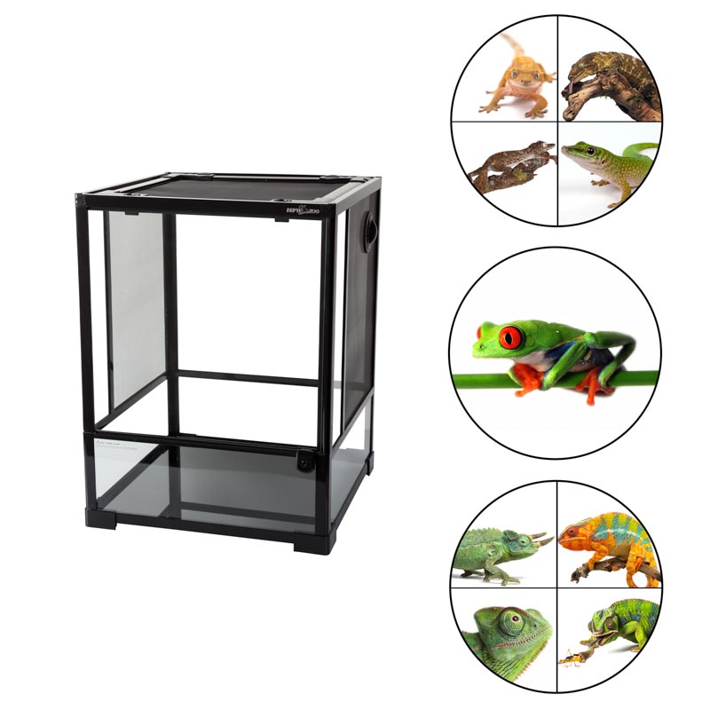 Reptizoo Terrario de Cristal para Reptiles de 121 Litros, 45 cm x 45 cm x 60 cm. Habitat con doble puerta frontal abatible, ventilación superior y lateral.