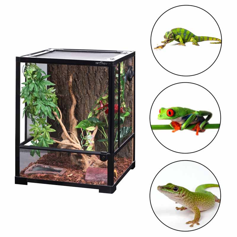 Reptizoo Terrario de Cristal para Reptiles de 121 Litros, 45 cm x 45 cm x 60 cm. Habitat con doble puerta frontal abatible, ventilación superior y lateral.