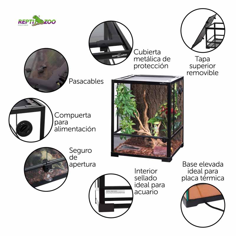 Reptizoo Terrario de Cristal para Reptiles de 121 Litros, 45 cm x 45 cm x 60 cm. Habitat con doble puerta frontal abatible, ventilación superior y lateral.