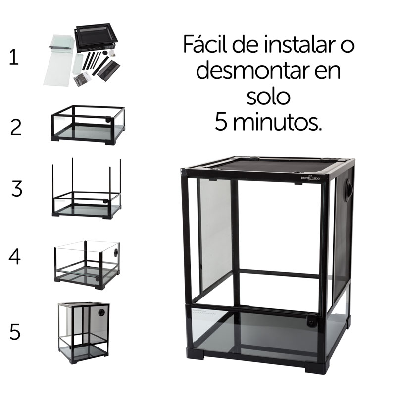 Reptizoo Terrario de Cristal para Reptiles de 121 Litros, 45 cm x 45 cm x 60 cm. Habitat con doble puerta frontal abatible, ventilación superior y lateral.