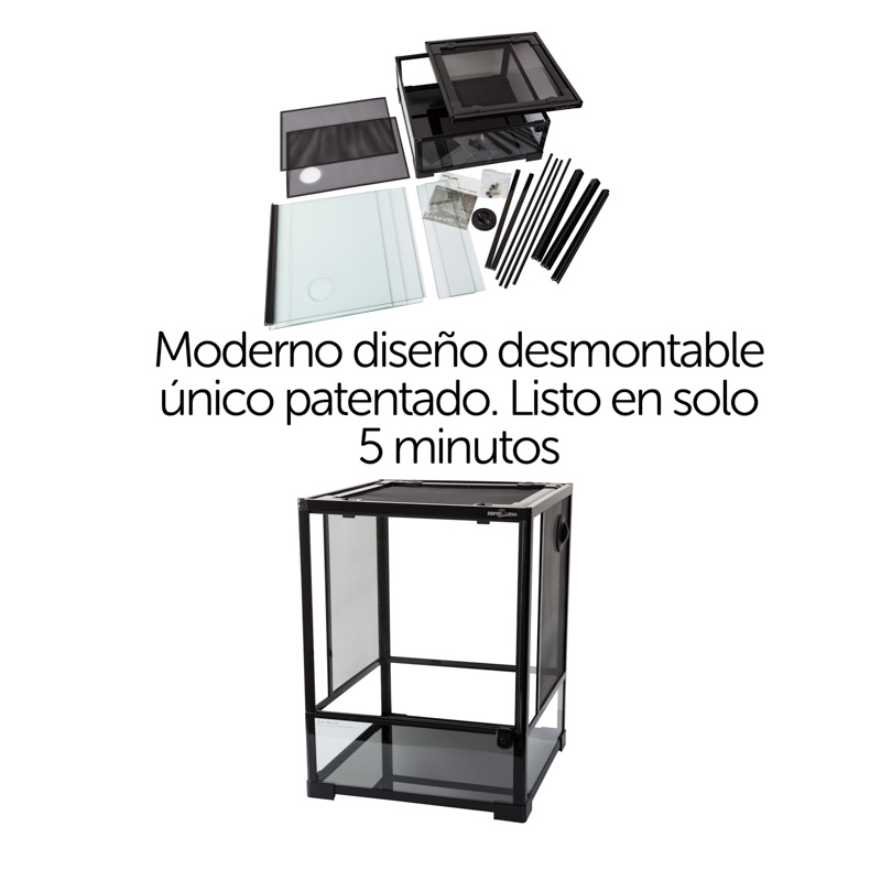Reptizoo Terrario de Cristal para Reptiles de 121 Litros, 45 cm x 45 cm x 60 cm. Habitat con doble puerta frontal abatible, ventilación superior y lateral.