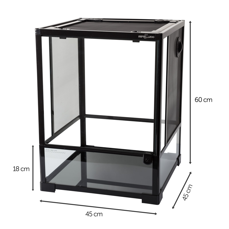 Reptizoo Terrario de Cristal para Reptiles de 121 Litros, 45 cm x 45 cm x 60 cm. Habitat con doble puerta frontal abatible, ventilación superior y lateral.