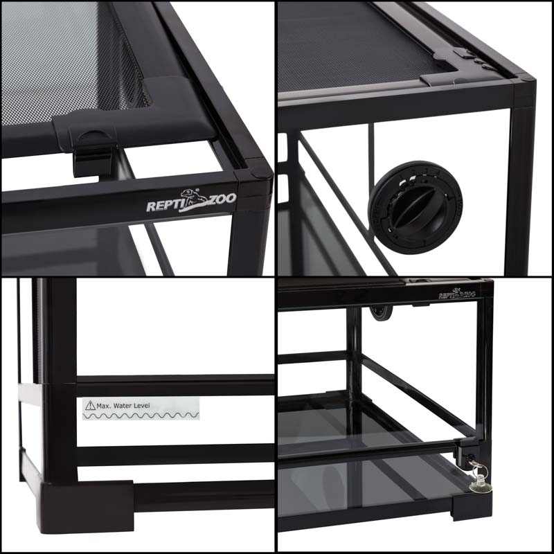 Reptizoo Terrario de Cristal para Reptiles de 121 Litros, 45 cm x 45 cm x 60 cm. Habitat con doble puerta frontal abatible, ventilación superior y lateral.