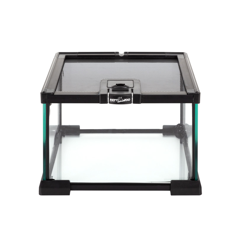 Reptizoo Mini Habitat de Cristal de  6.6 Lt  de 21 cm x 21 cm x 15 cm, con tapa deslizable superior de malla, vision 360, para Reptiles, Arácnidos, Insectos y mas.