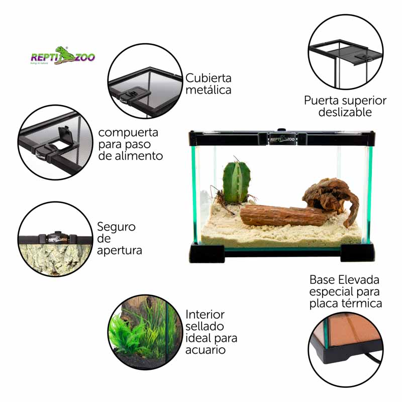 Reptizoo Mini Habitat de Cristal de  6.6 Lt  de 21 cm x 21 cm x 15 cm, con tapa deslizable superior de malla, vision 360, para Reptiles, Arácnidos, Insectos y mas.