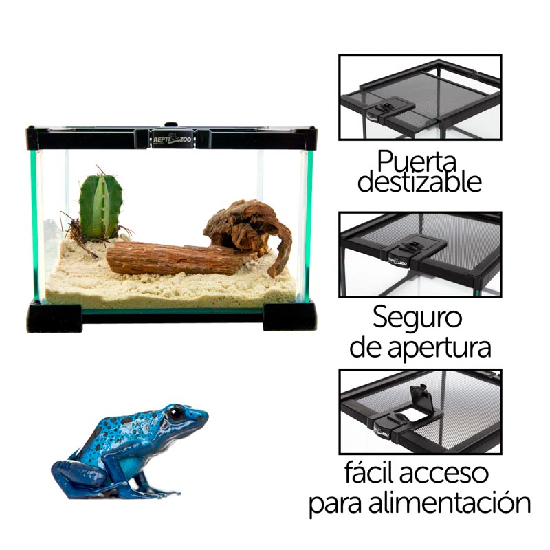 Reptizoo Mini Habitat de Cristal de  6.6 Lt  de 21 cm x 21 cm x 15 cm, con tapa deslizable superior de malla, vision 360, para Reptiles, Arácnidos, Insectos y mas.