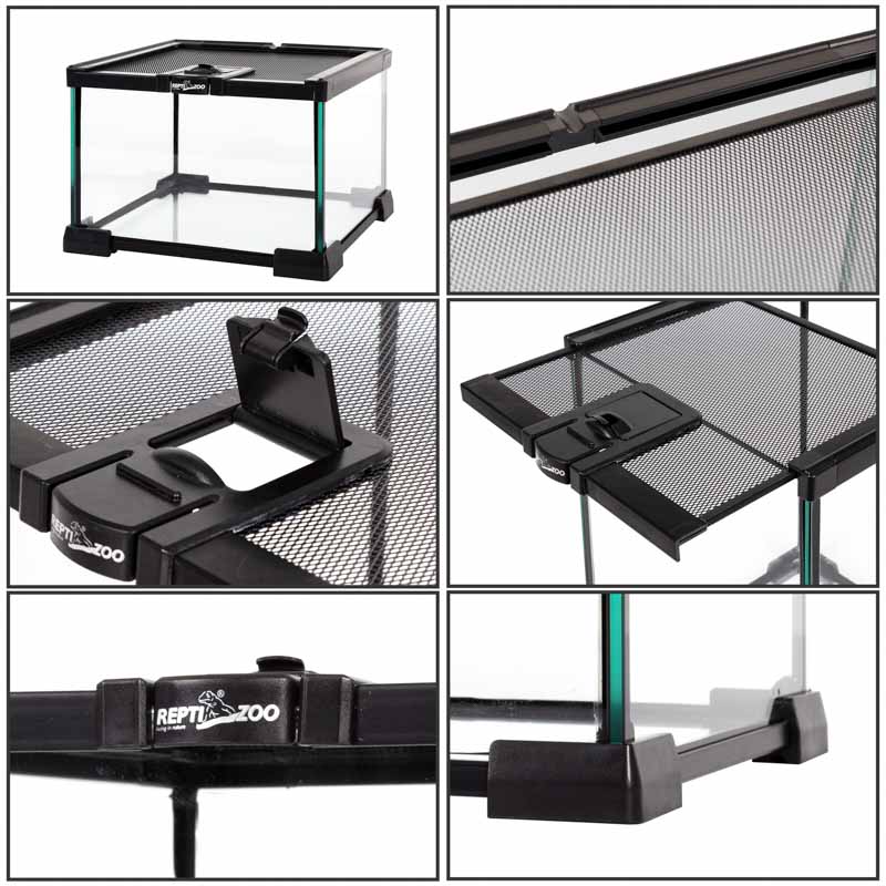Reptizoo Mini Habitat de Cristal de  6.6 Lt  de 21 cm x 21 cm x 15 cm, con tapa deslizable superior de malla, vision 360, para Reptiles, Arácnidos, Insectos y mas.