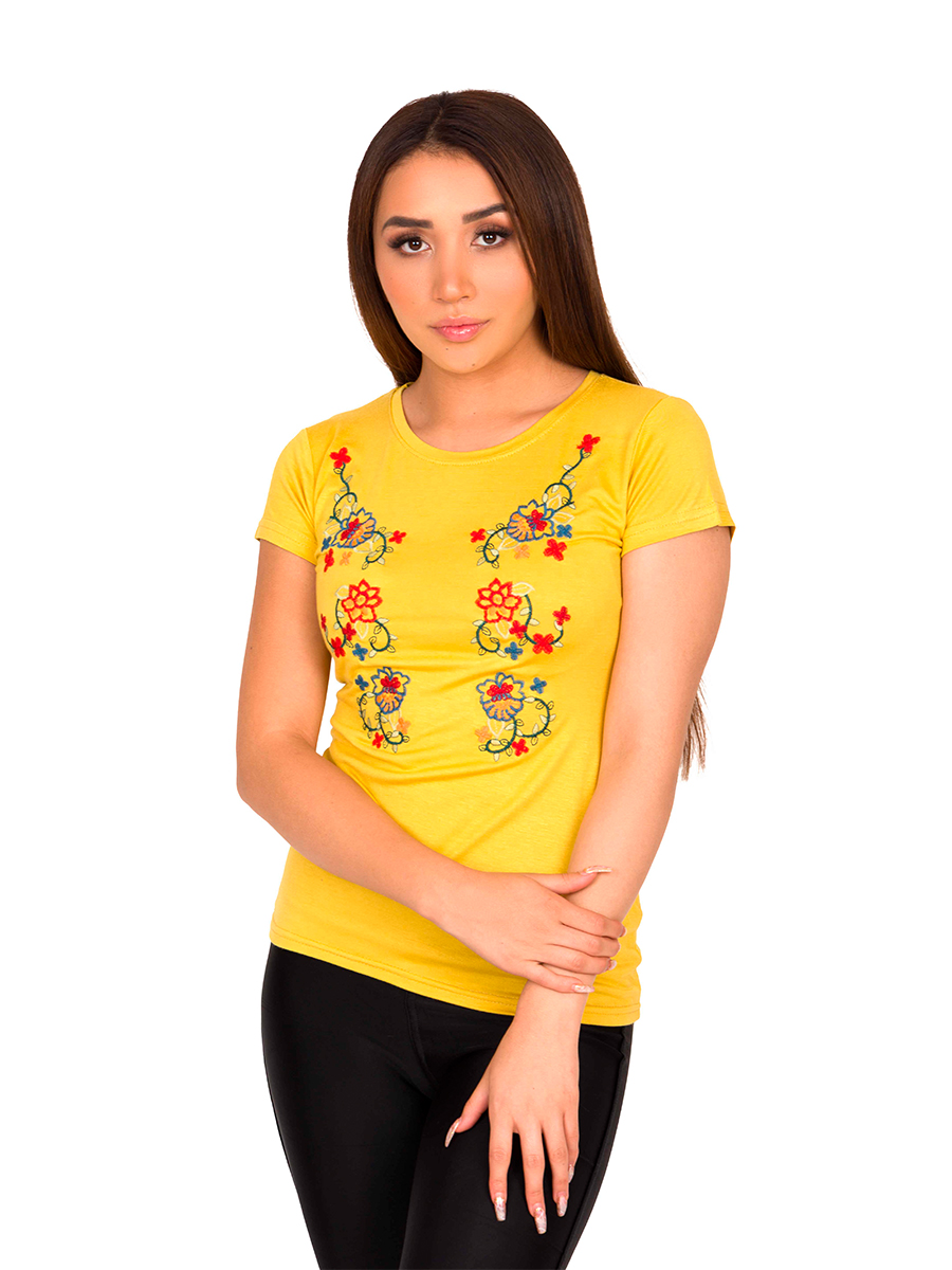 Camiseta Moda Bordado Flores Asiáticas Mujer V-821