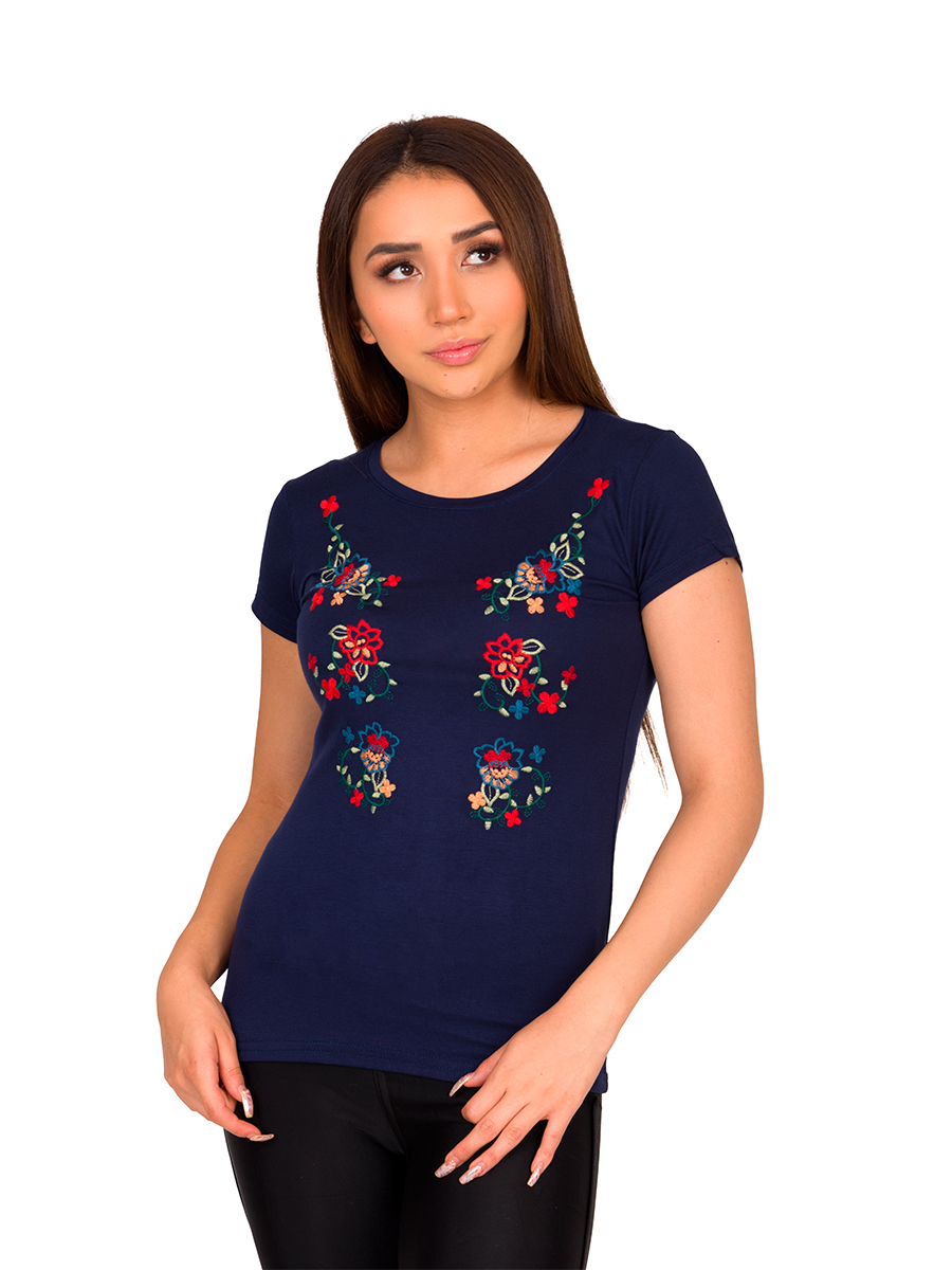 Camiseta Moda Bordado Flores Asiáticas Mujer V-821