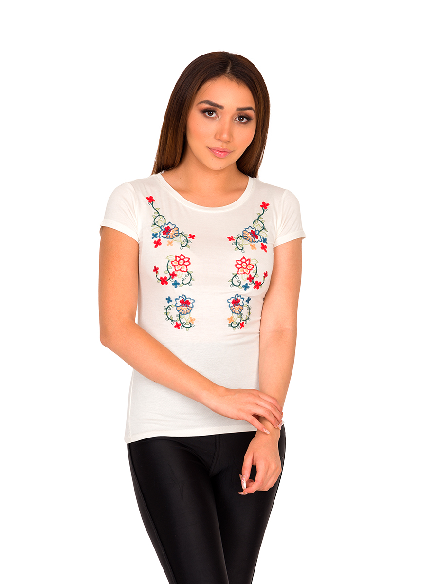Camiseta Moda Bordado Flores Asiáticas Mujer V-821