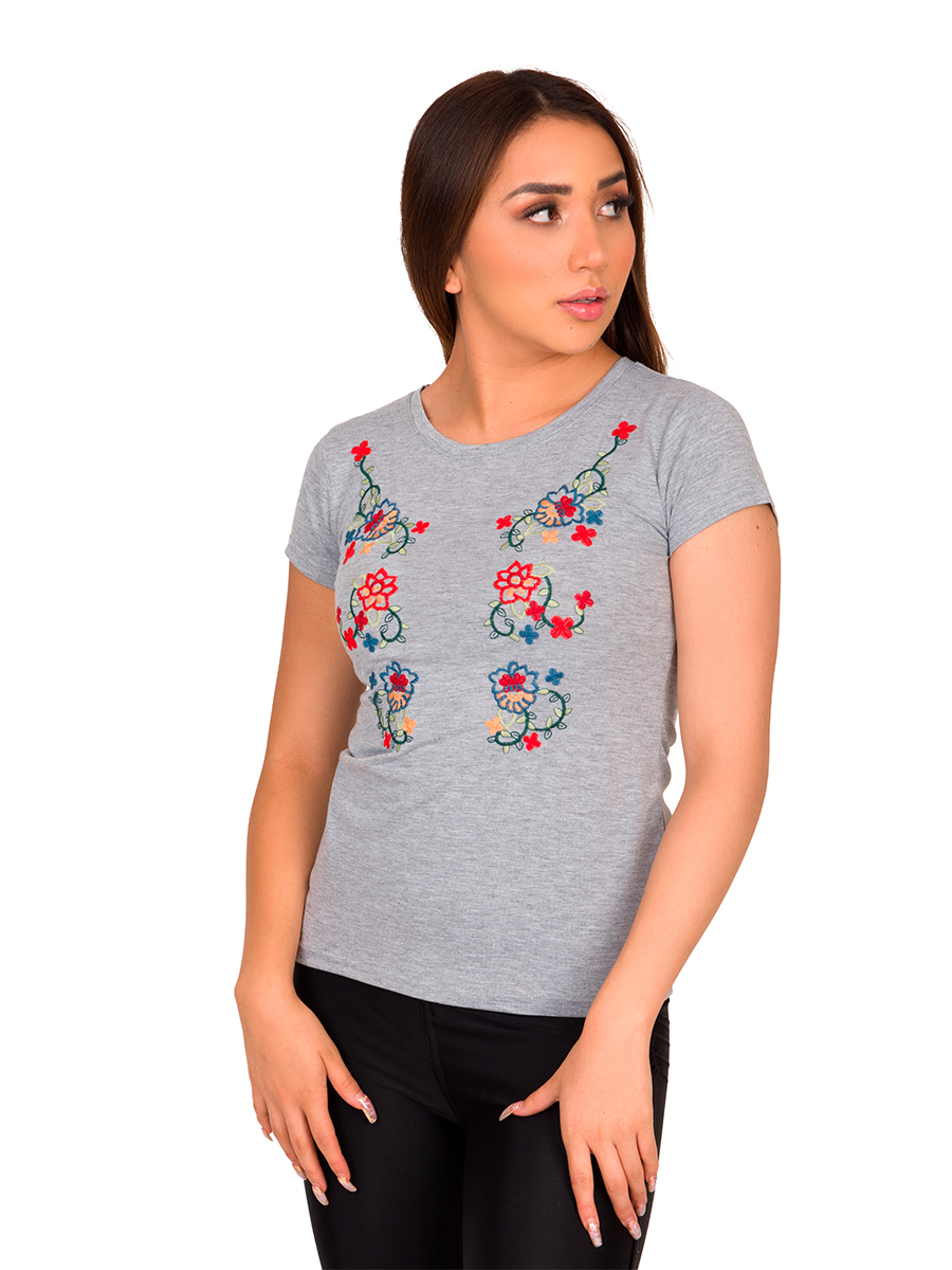 Camiseta Moda Bordado Flores Asiáticas Mujer V-821