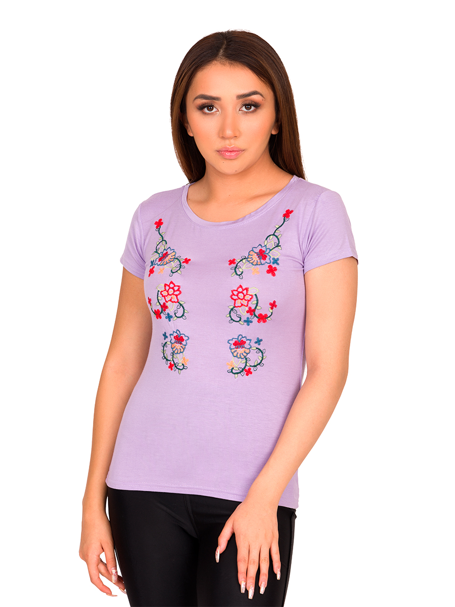 Camiseta Moda Bordado Flores Asiáticas Mujer V-821