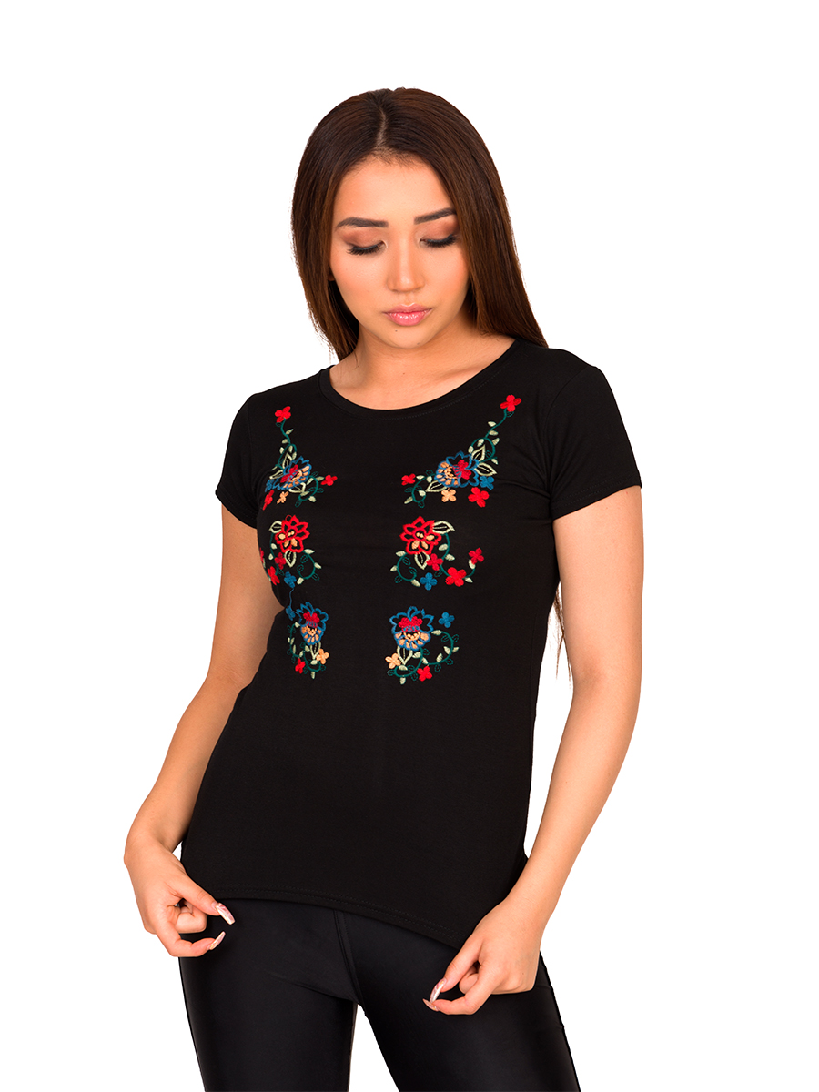 Camiseta Moda Bordado Flores Asiáticas Mujer V-821